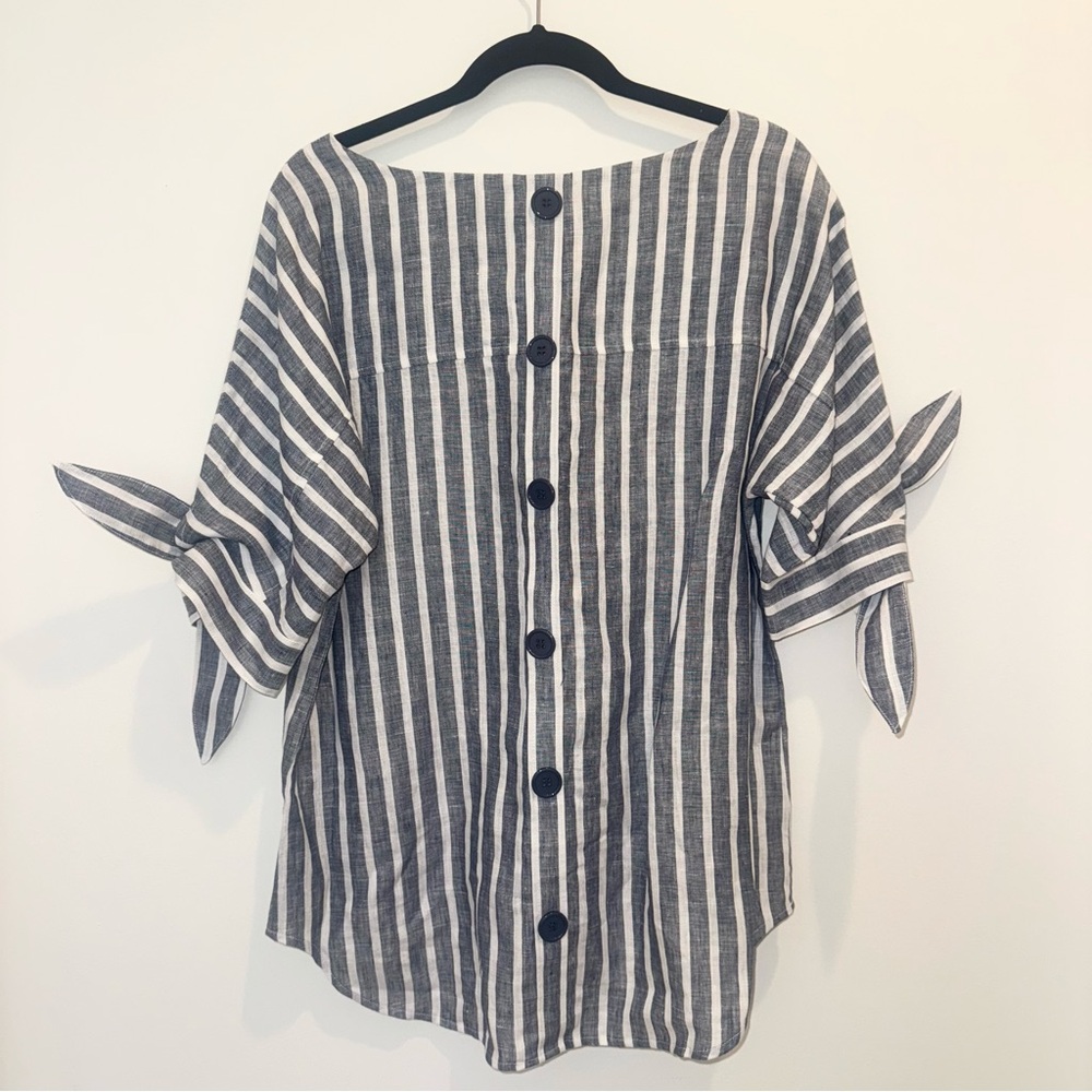 Ravel Blue White Stitch Linen Blen Blouse for Women Size Medium NWT